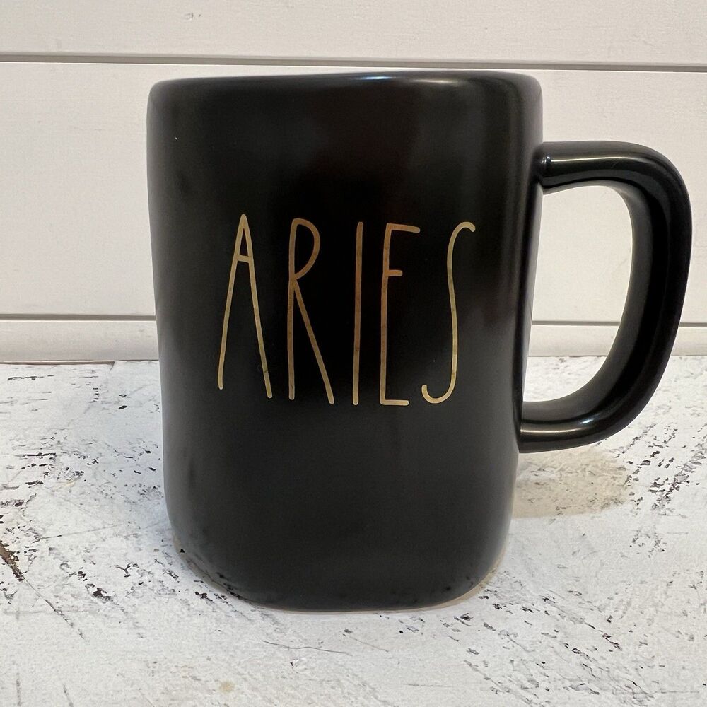 Rae Dunn Matte Black Gold 'ARIES' Ram Zodiac Oversized Coffee Tea Mug Cup New